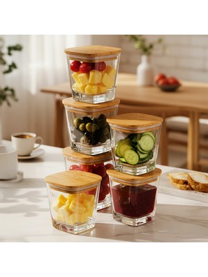 Snippy Elite - 6'lı Bambu Kapaklı Vakumlu Cam Kahvaltılık Çok Amaçlı Cam Çerezlik 300 ml