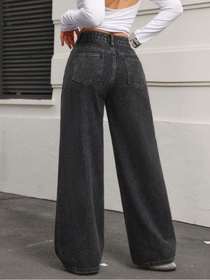 Maıson De Mode Koyu Füme Palazzo Pantolon Wide Leg Yüksek Bel Denim Jeans