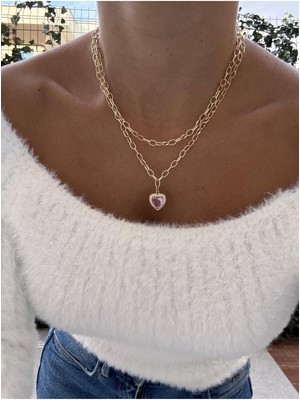 Miliva Zirkon Taşlı Pembe Kalp Kolye | Altın Kaplama Zincir Kolye |