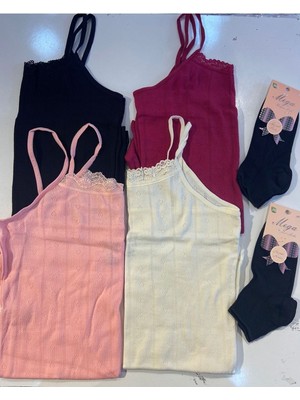 Tutku Kadın Karışık Renk Ip Askılı Pamuk Jakarlı Atlet 4 Adet 2 Adet Bambu Çorap-Pembe-L