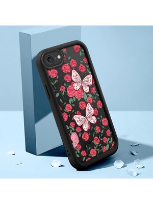 Ucuc iPhone 7/8/se 2020 2022 Uyumlu Siyah Silikon Kılıf Çiçek ve Kelebek Desenli Darbeye Dayanıklı Lens Koruma