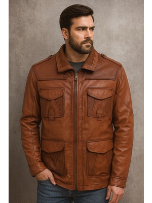 HMO Store Kahve Rengi Premium Özel Cep Tasarım Hakiki Deri Ceket