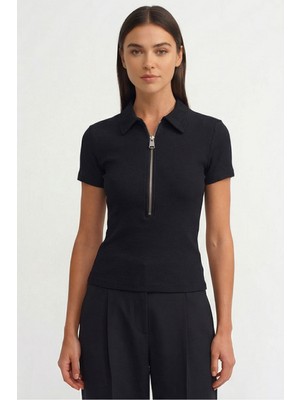 Qaju Kadın Vatka Detaylı Fermuarlı Pamuklu Bluz– Siyah