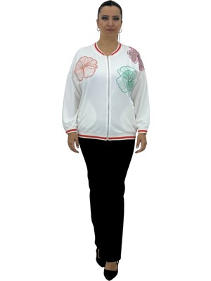 Büyük Beden Incili Taş Detaylı Fermuarlı Uzun Kollu Şık Kadın Ceket