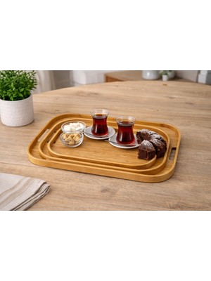 YDGR 3’lü Bambu Tepsi Seti – Servis ve Sunum Tepsisi, Ince Kenar