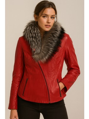 HMO Store Kırmızı Rengi Özel Tasarım Premium Hakiki Kürk Hakiki Deri Ceket