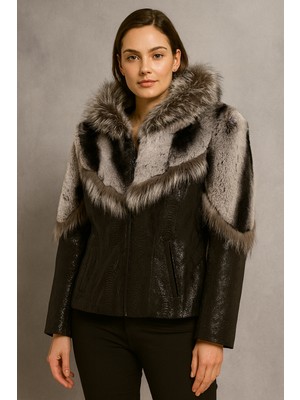 HMO Store Siyah Rengi Özel Tasarım Premium Hakiki Kürk Hakiki Deri Ceket