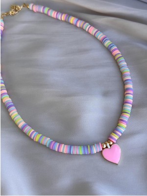 Miliva Renkli Kalpli Çocuk Kolye | Pembe Kalpli Kız Çocuk Kolye | Çocuk Takısı | 35 cm