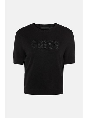 Guess Kısa Kollu Bisiklet Yaka Norah Logolu Triko Kadın Siyah Triko W6RR47Z2NQ2-JBLK