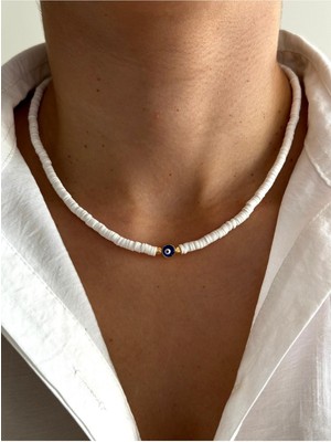 Hercy Nazar Boncuklu Ince Beyaz Fimo Kolye