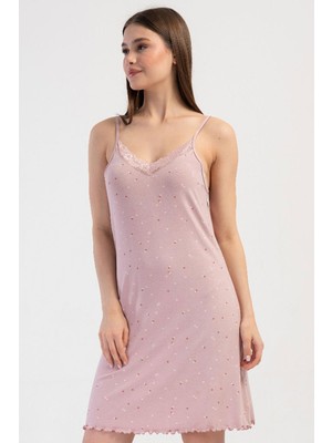 Vienetta Kadın Dantelli Ince Askılı V Yaka Gül Kurusu Gecelik Tunik C5T1N3904