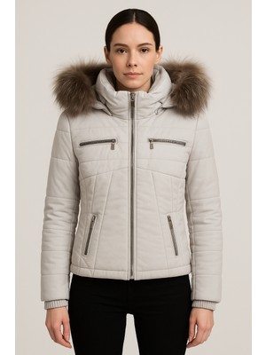 HMO Store Krem Rengi Özel Tasarım Şişme Premium Hakiki Kürklü Deri Ceket