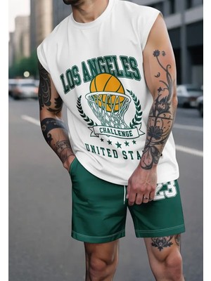 Punix Punıx Büyük Beden Özel Seri Los Angeles 23 Baskılı %100 Pamuk Kolsuz Erkek T-Shırt Şort Takımı