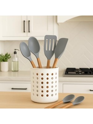 Beyaz Kaşıklık Beyaz Silindir Plastik Kaşıklık – Modern Delikli Tasarım, Hava Geçişli Dayanıklı Mutfak Düzenleyici Kaşıklık