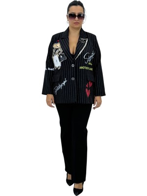 La Velina Büyük Beden Kadın Vatkalı Taş Boncuk Işlemeli Karakterli Düğmeli Çizgili Kadın Ceket