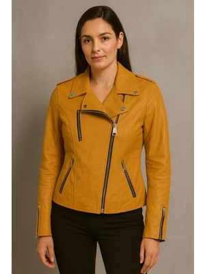 HMO Store Sarı Özel Tasarım Yan Fermuar Premium Kadın Hakiki Deri Ceket