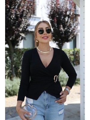 Pileli Store Pilelistore- Kadın Uzun Kollu Kruvaze Yakalı Toka Detaylı Viskon Bluz