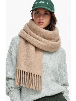 Kadın Düz Püsküllü Buklet Triko Atkı Şal