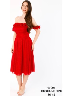 Arin Yaka Çevresi Çiçekli Simli Tül Elbise