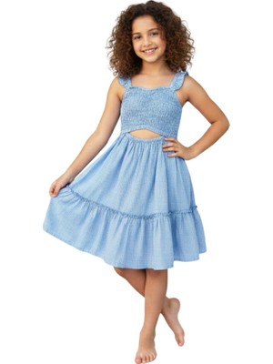 Çikoby Kız Çocuk Askılı Gipeli Dokuma Elbise Mavi – Yazlık Rahat Günlük Elbise