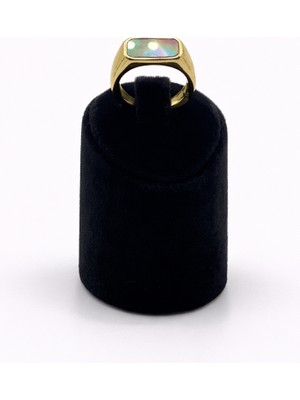 Pangu Dikdörtgen Sedef Detaylı Altın Renk Çelik Yüzük