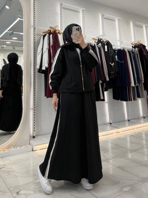 Moda Kadın Parlak Şeritli Fermuarlı 3lü Etek Alt Üst Sweat Takım - Şık ve Modern