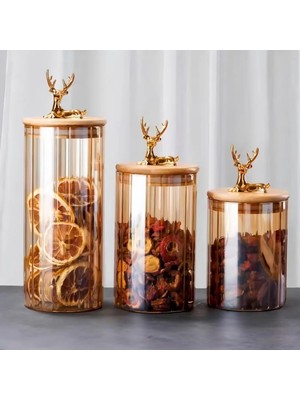 Skygo (9X15 Cm) 1 Adet Kehribar Renk Geyikli Cam Saklama Kavanozu Geyik Başı Altın Renk Y-491,KEHRIBAR