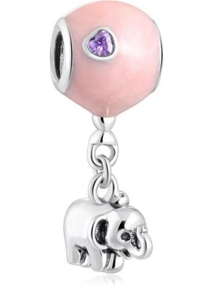 Kumi Fil Ve Mavi Balon Bilek İçin Gümüş Charm-Pembe