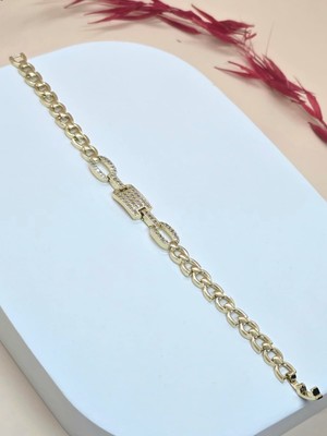 Zirkon Taşlı Gold Halk Zincirli Bileklik