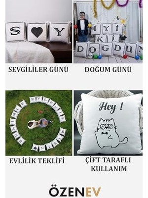 Skygo Harfli Kırlent Kılıfı Kadife 43X43 cm Çift Taraflı K Harfi Kedi Desenli Evlilik Teklifi Doğum Günü