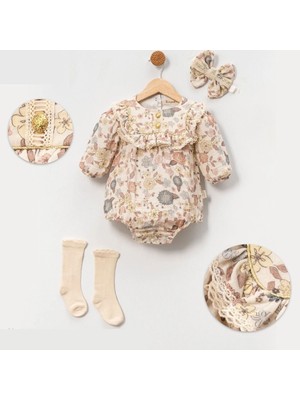 Butik Kız BEBEK%100 Pamuklu 3 Parça Salopet Takım Çiçek Desenli