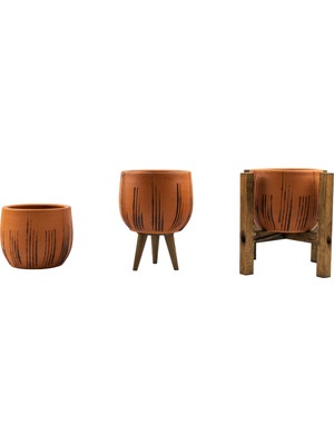 Bitki Tasarımı Ev Dekorasyon Siyah Çizgi Desenli Terakota Toprak Saksı Saksılık Salon Çiçeklik Üçlü Set 12 cm