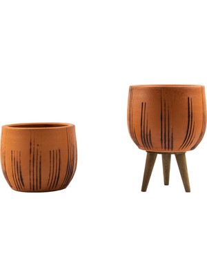Bitki Tasarımı Ev Dekorasyon Siyah Çizgi Desenli Terakota Toprak Saksı Saksılık Salon Çiçeklik Ikili Set Ayaksız, 3 Ayaklı 12 cm