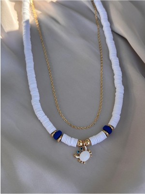 Miliva Yengeç Kolye | Ikili Kolye | Beyaz Fimo Boncuklu Kolye ve Altın Kaplama Zincir Kolye | Yazlık Kolye