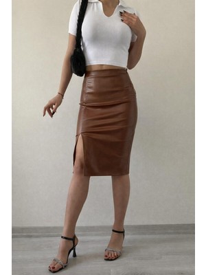 Elaxi Kadın Suni Deri Şardonlu Midi Boy Yırtmaçlı Kalem Etek