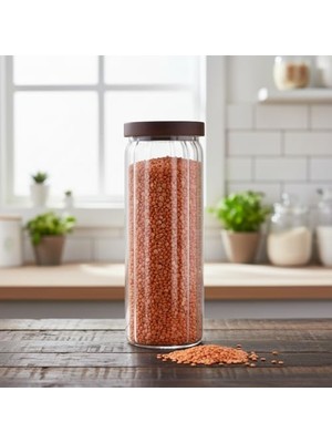 Skygo Akasya Kapaklı Uzun Çizgili Cam Kavanoz (1250 Ml) | Hava Geçirmez, Modern Fitilli Tasarım Gıda Saklama Kabı | Makarna, Bakliyat, Kahve ve Çay Kavanozu (9X25 Cm)