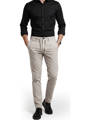 Deepsea Erkek Vizon Likralı Gofre Kumaş Beli Lastikli Ipli Slim Fit Günlük Pantolon 2600650
