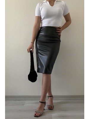 Elaxi Kadın Suni Deri Şardonlu Midi Boy Yırtmaçlı Kalem Etek