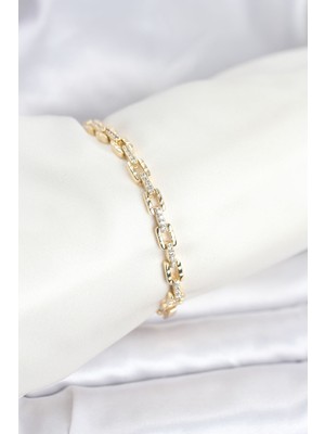 İlkyaz Fashion Pirinç Gold Renk Vıp Seri Zincir Model Zirkon Taşlı Kadın Bileklik ILKYAZB-RSBJTR34