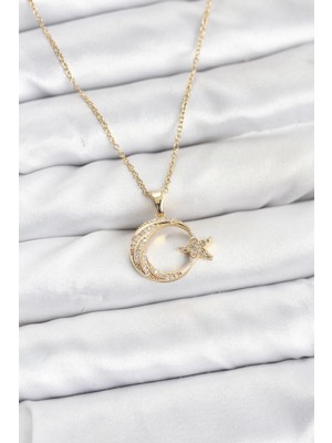 İlkyaz Fashion 316L Çelik Zincir Gold Renk Ay Yıldız Model Zirkon Taşlı Kadın Kolye ILKYAZB-RSBJTR34