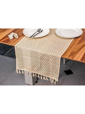 Skygo Tül Örgü Pamuklu Runner Tül Örgü Püsküllü 35X145 cm Pamuklu Krem Masa Çaprazlı Runner, Homemade Runner, Pamuklu Krem Runner