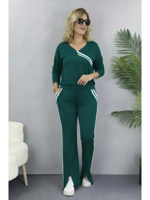 Çamaşır Kenti Kadın Uzun Kollu V Yakalı Şerit Detaylı Viskon Iki Iplik Bluz ve Pantolon Ikili Takım