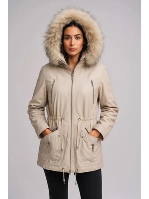 HMO Store Krem Rengi Özel Tasarım Premium Hakiki Kürk Hakiki Deri Ceket