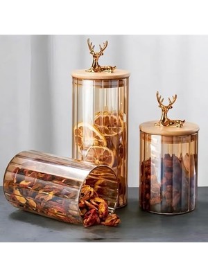 Skygo (9X15 Cm) 1 Adet Kehribar Renk Geyikli Cam Saklama Kavanozu Geyik Başı Altın Renk Y-491,KEHRIBAR