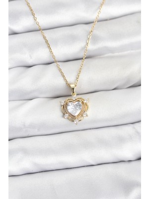 Marsilyan 316L Çelik Zincir Gold Renk Kalp Model Zirkon Taşlı Kadın Kolye