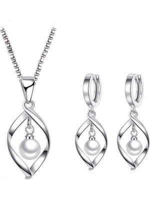 Kumi 925 Ayar Gümüş Inci Taşlı Özel Tasarım Gümüş Kolye Ve Küpe Seti