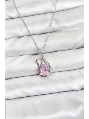 Marsilyan 316L Çelik Zincir Gümüş Renk Pembe Kuğu Model Zirkon Taşlı Kadın Kolye