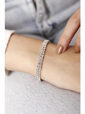 Kumi 925 Ayar Gümüş Kadın Su Yolu Bileklik 2 Sıra Zirkon Taşlı Şık ve Zarif Tasarım