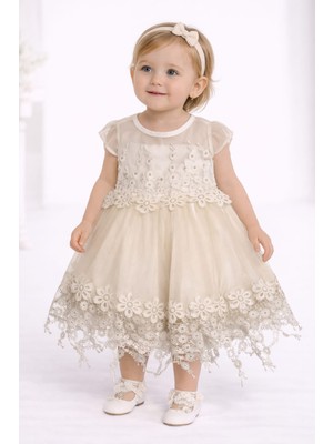 love Tüllü Incili Kırık Beyaz Renk Kız Bebek Elbise