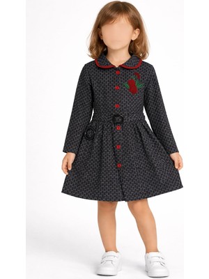 love Gül Detaylı Ekose Yakalı Düğmeli Kemerli Kız Çocuk Elbise